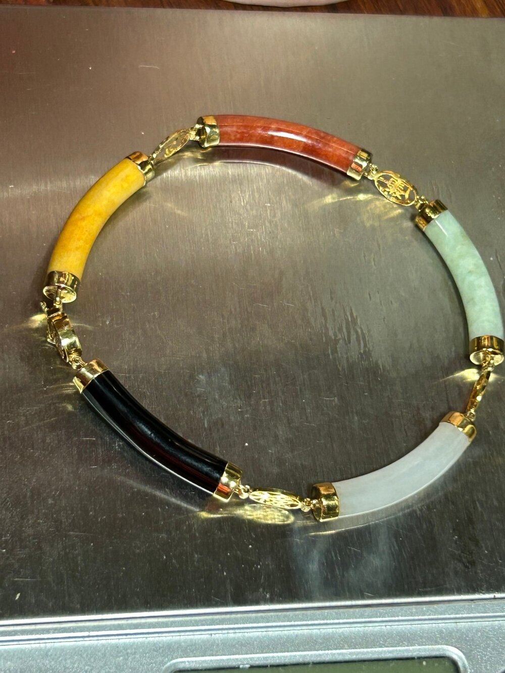 Vintage 14k solid yellow gold multicolor gemstones bar link bracelet fine jewelr